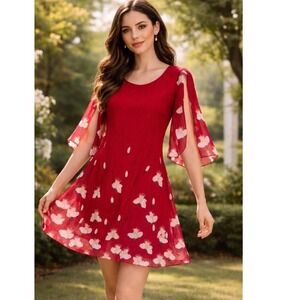 Grace Karin Red Floral Split flowy sleeve Mini Dress Womens Large feminine